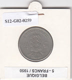 S12-G02-0259 België 5 francs 1950 WAALS VF KM134