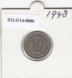S12-G14-0086 Malaya 10 cents 1948   VF KM8