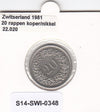 S14-SWI-0348 Switzerland 20 rappen 1981  XF/UNC KM# 29a