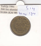S14-W04-0174 Turkije 500 lira 1991  VF KM989