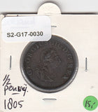S2-G17-0030 Ireland 1/2 Penny VF 1805 KM147