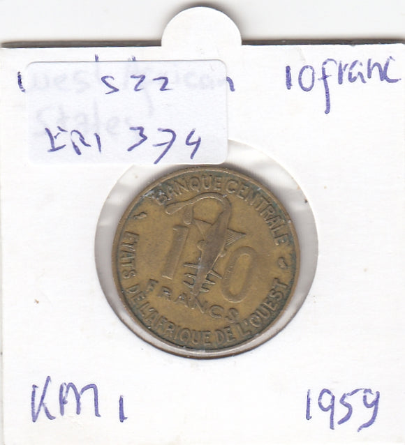 S22-ER1-0374 West Frican states 10 francs 1959   VF KM1